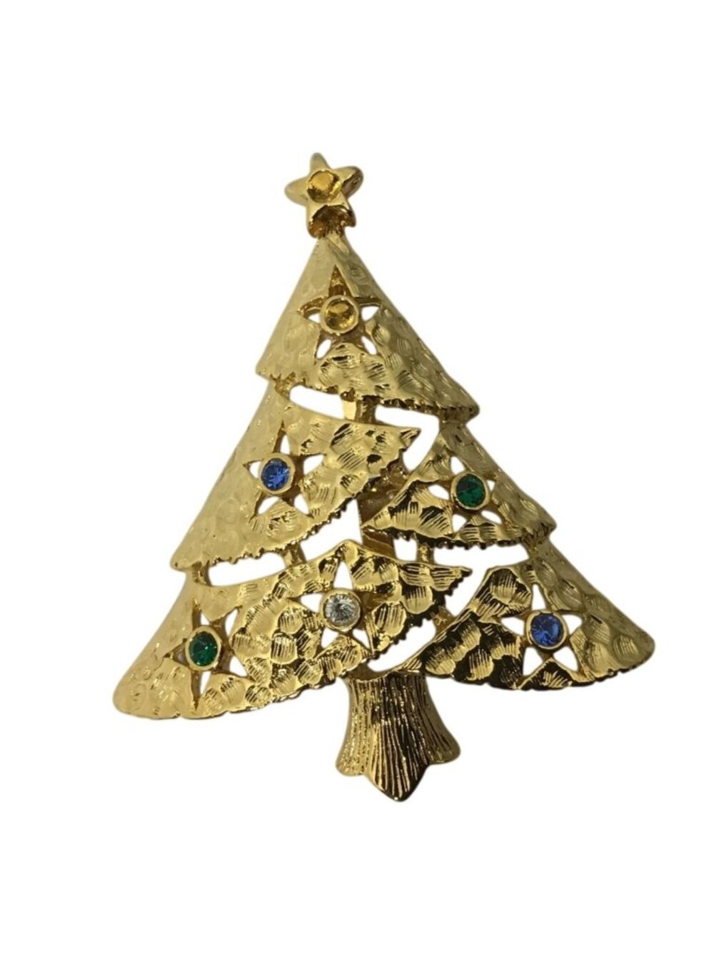 Metal Vintage Gold Tone Colorful Rhinestone Christmas Tree Brooch Pin